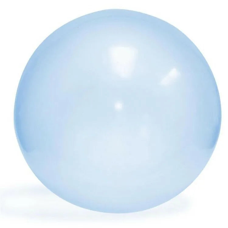Assortment of inflated pink, yellow, blue and green TPR bouncy balls in different sizes on a plain background.