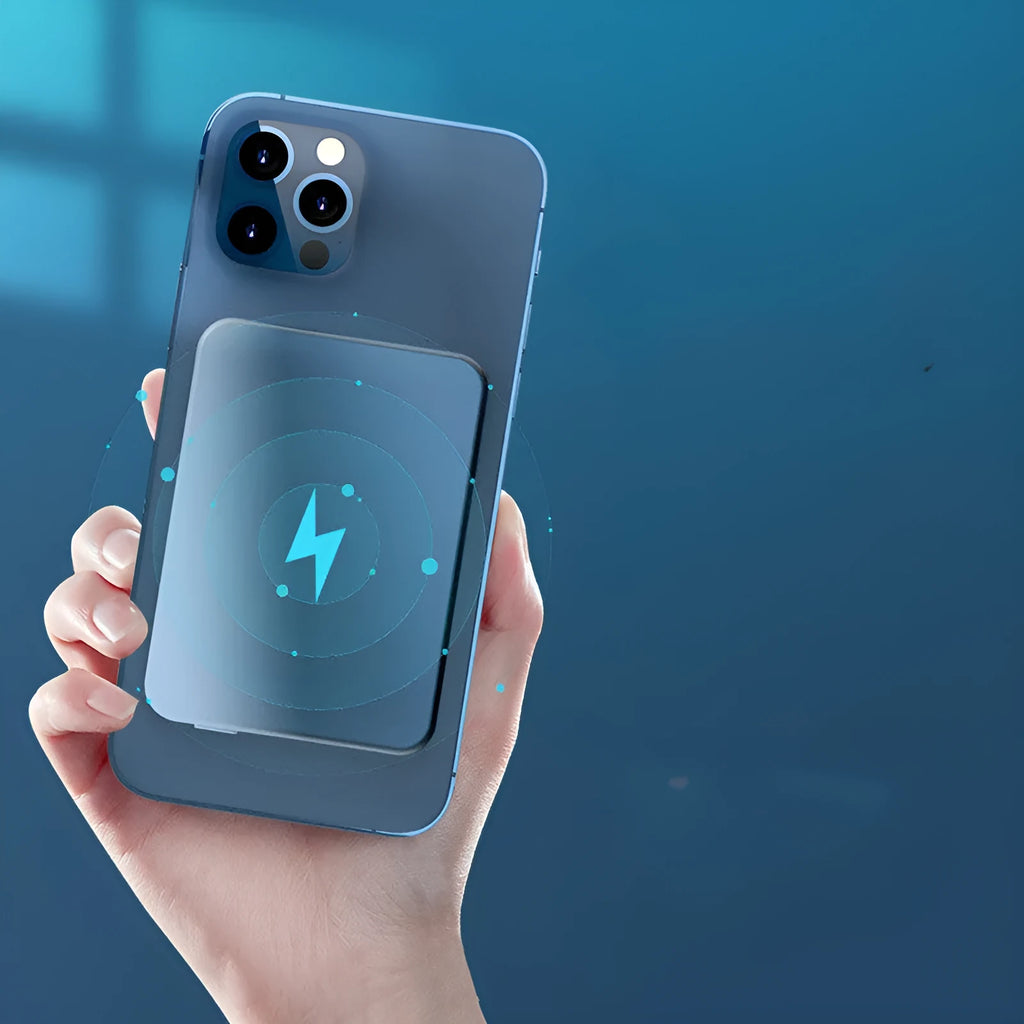 Silver aluminium wireless magnetic power bank for Apple phones showing USB-C port.
