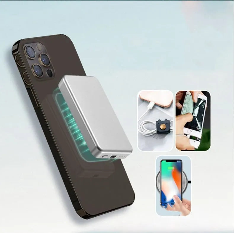 Silver aluminium magnetic wireless power bank for iPhone charging