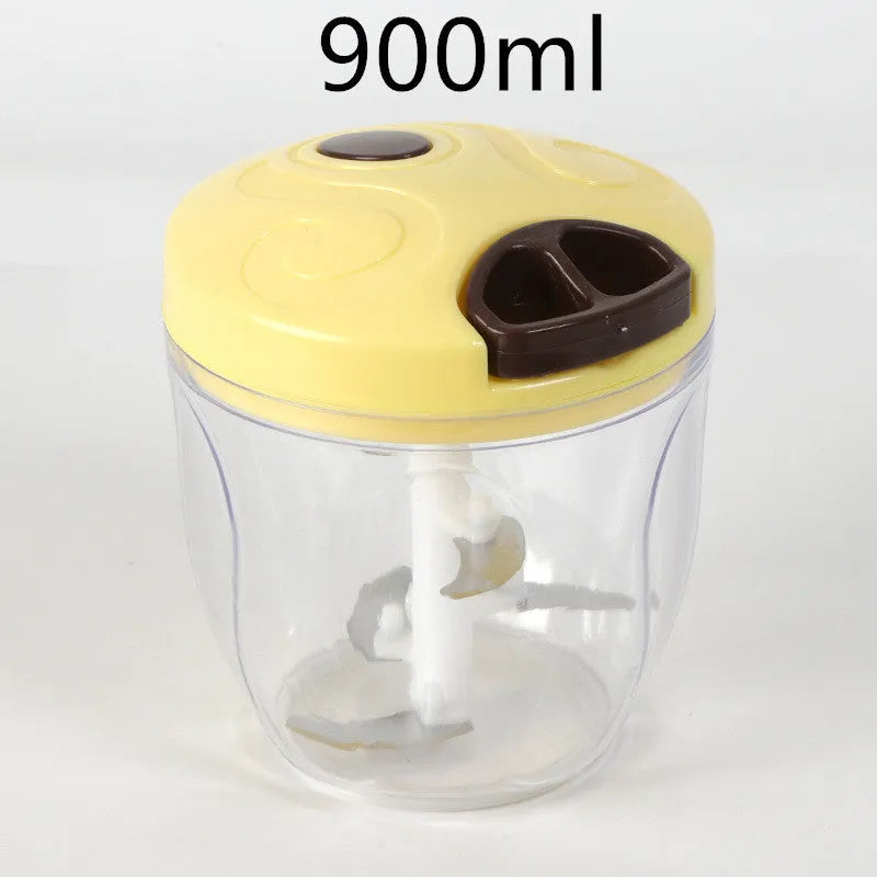 Green manual kitchen chopper grinder with three stainless steel blades and a 500ml transparent bowl.