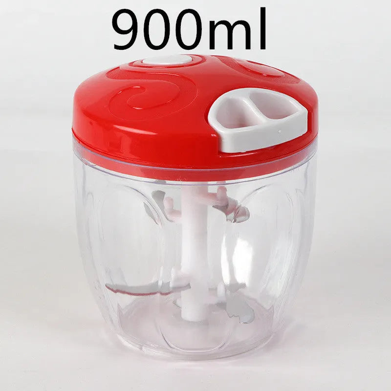 Green manual kitchen chopper grinder with three stainless steel blades and a 500ml transparent bowl.