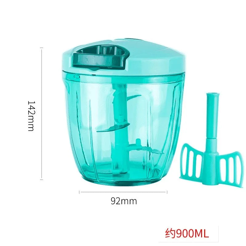 Green manual kitchen chopper and grinder with three stainless steel blades and plastic container