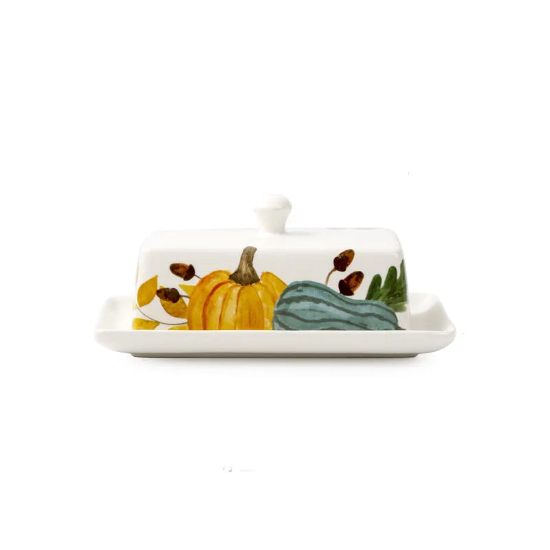 Square ceramic butter box with lid showing floral pattern, suitable for cutlery storage