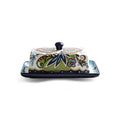 Square ceramic butter box with lid showing floral pattern, suitable for cutlery storage