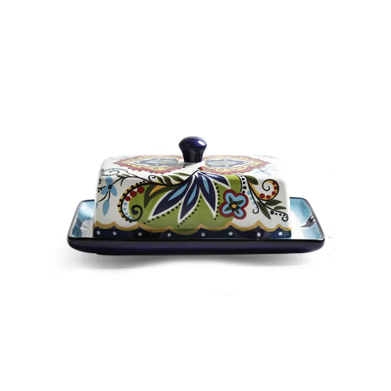 Square ceramic butter box with lid showing floral pattern, suitable for cutlery storage
