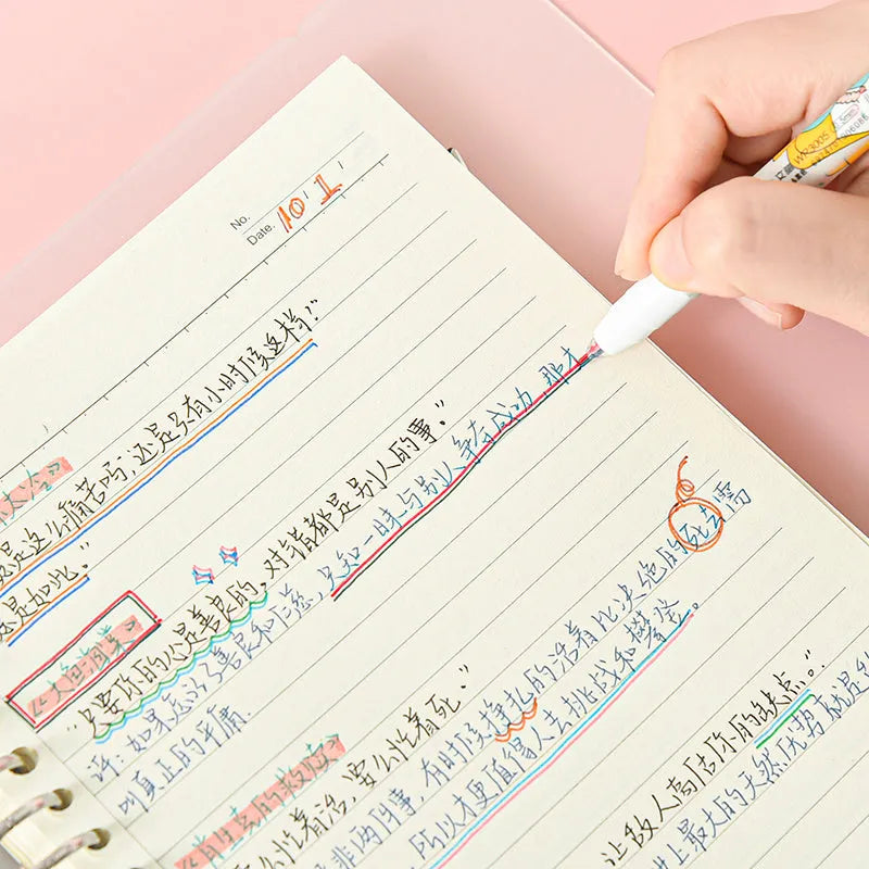 Double-headed highlighter 6-colour set with plastic body and pull caps on white background