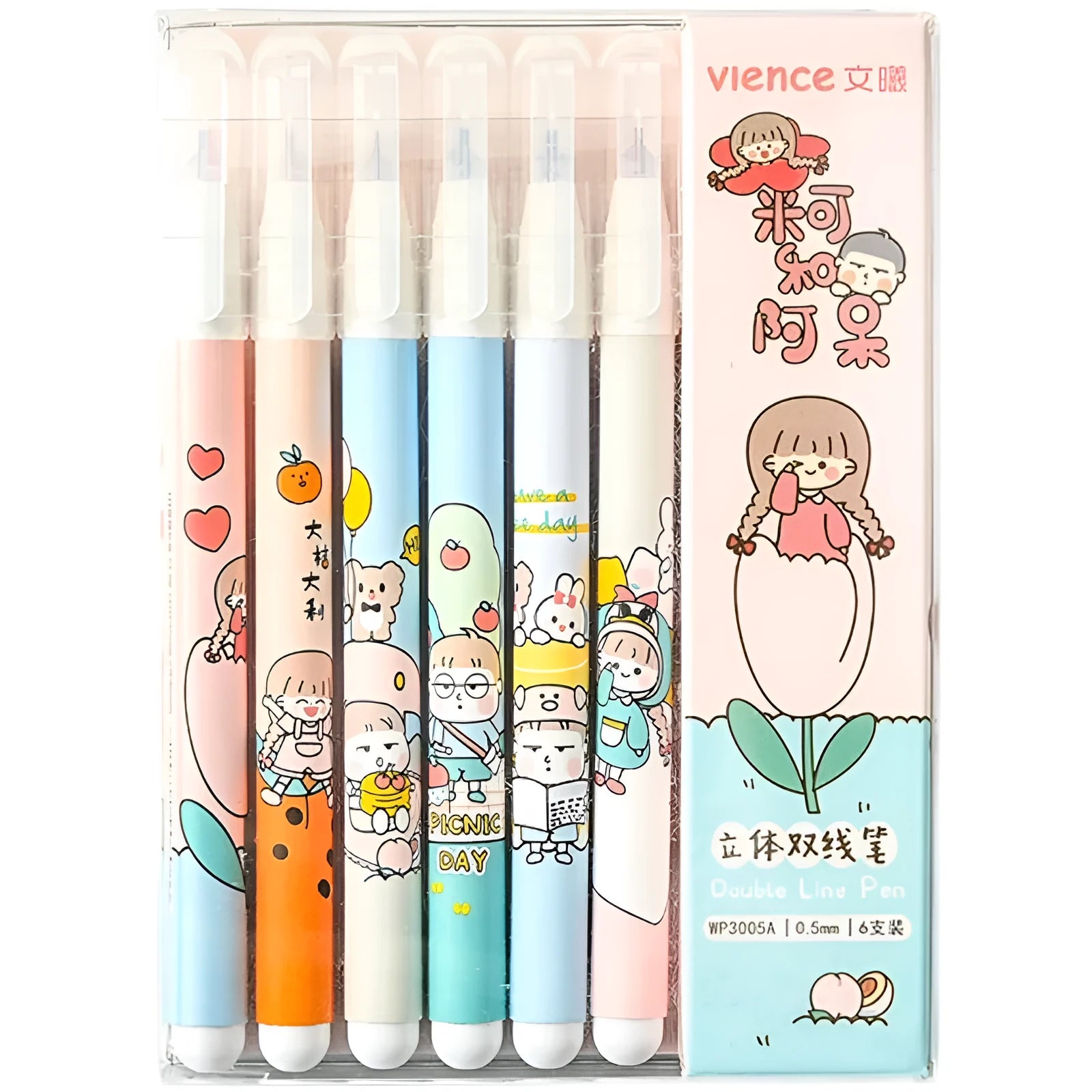 Double-headed highlighter 6-colour set with plastic body and pull caps on white background