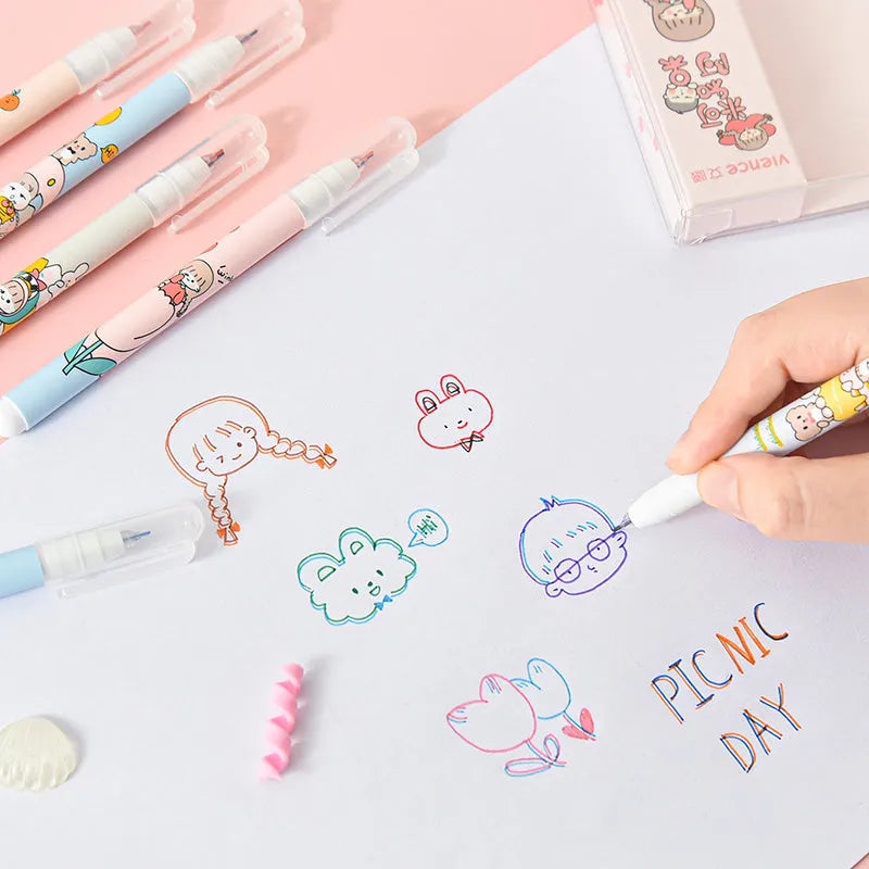 Double-headed highlighter 6-colour set with plastic body and pull caps on white background