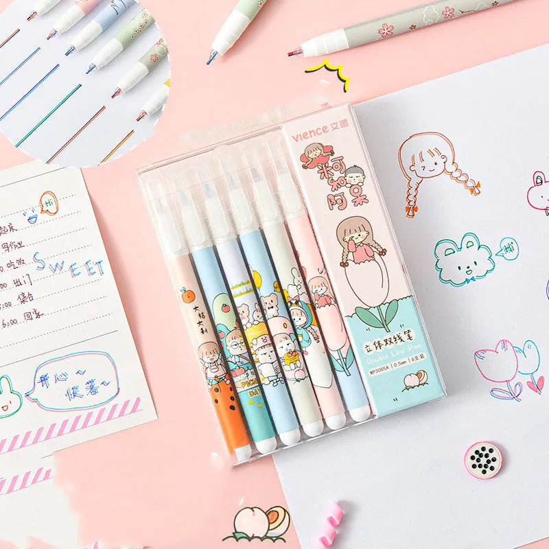 Double-headed highlighter 6-colour set with plastic body and pull caps on white background