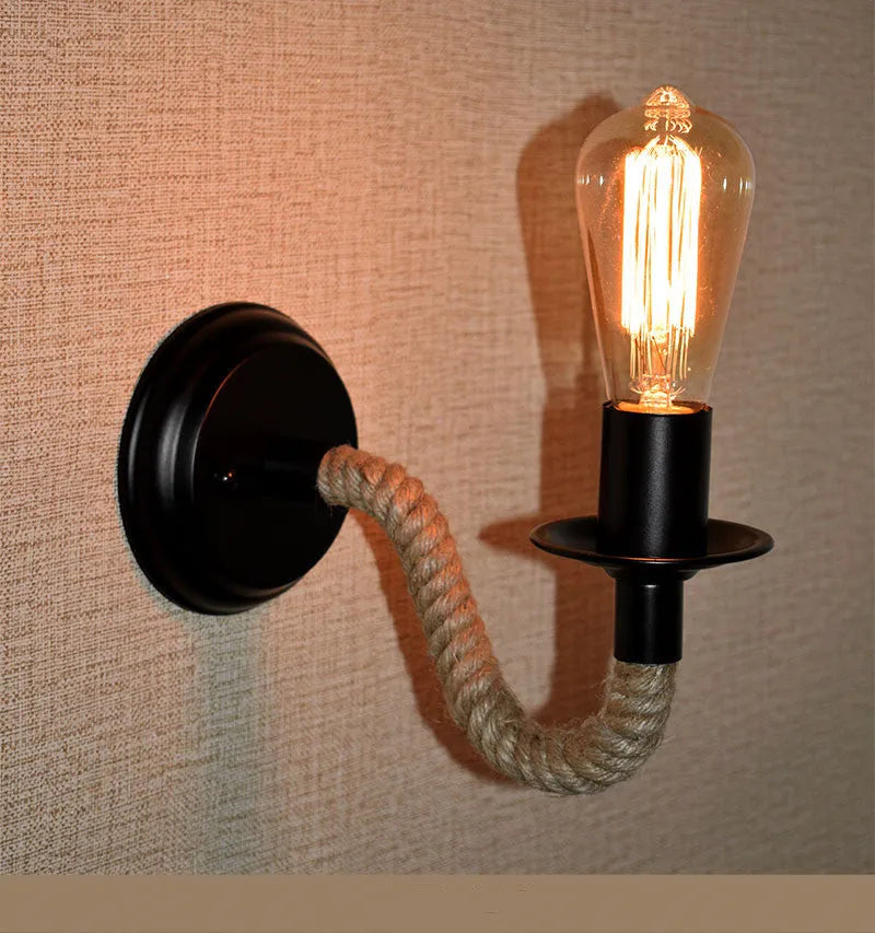 Retro wrought iron and hemp rope wall lamp in black, 13cm chassis, 26cm wall projection, E27 holder