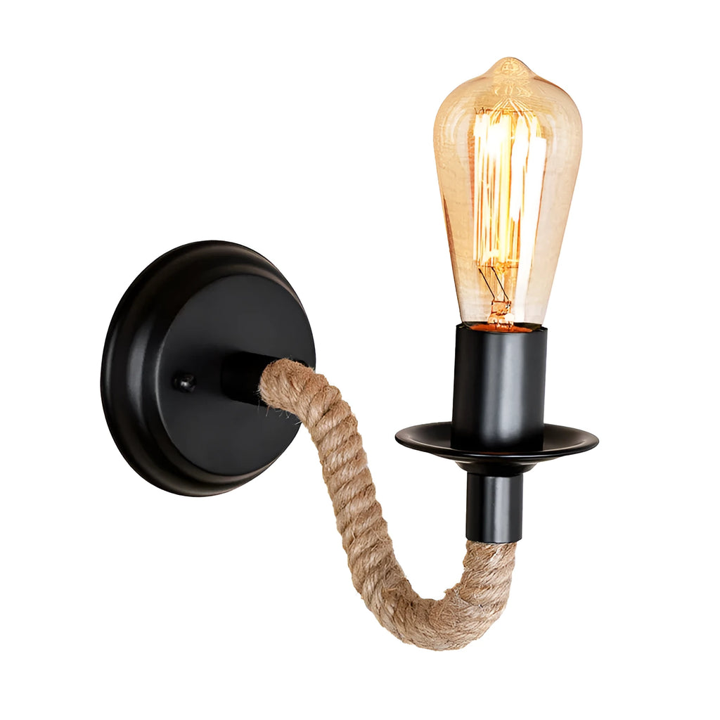 Retro wrought iron and hemp rope wall lamp in black, 13cm chassis, 26cm wall projection, E27 holder