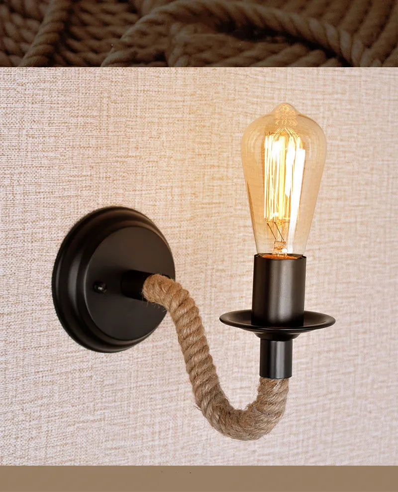 Retro wrought iron and hemp rope wall lamp in black, 13cm chassis, 26cm wall projection, E27 holder