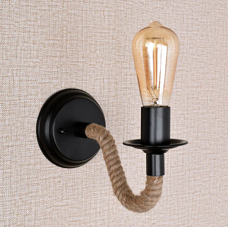 Retro wrought iron and hemp rope wall lamp in black, 13cm chassis, 26cm wall projection, E27 holder
