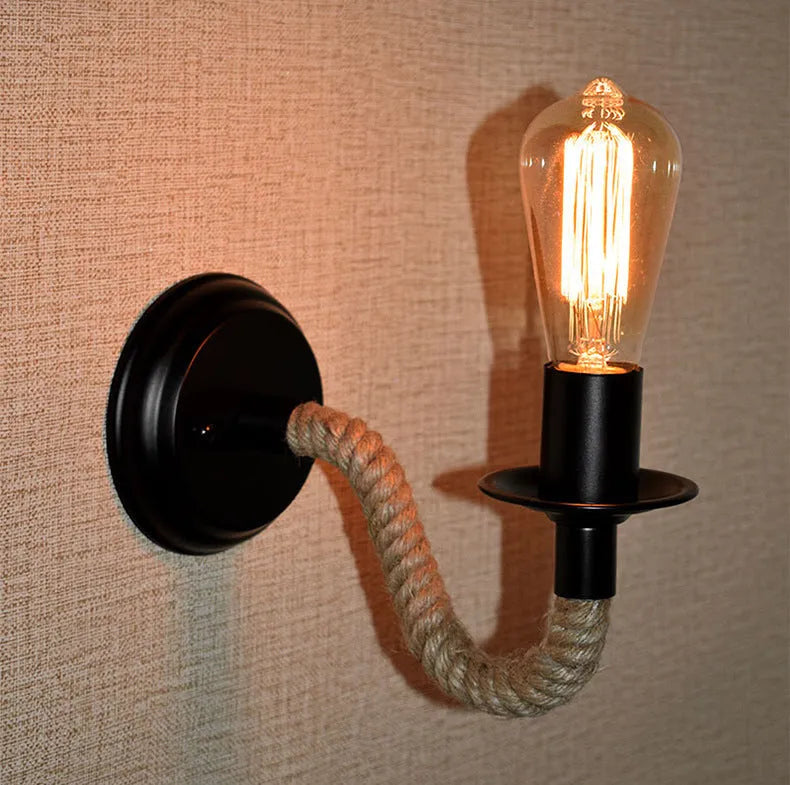 Retro wrought iron and hemp rope wall lamp in black, 13cm chassis, 26cm wall projection, E27 holder