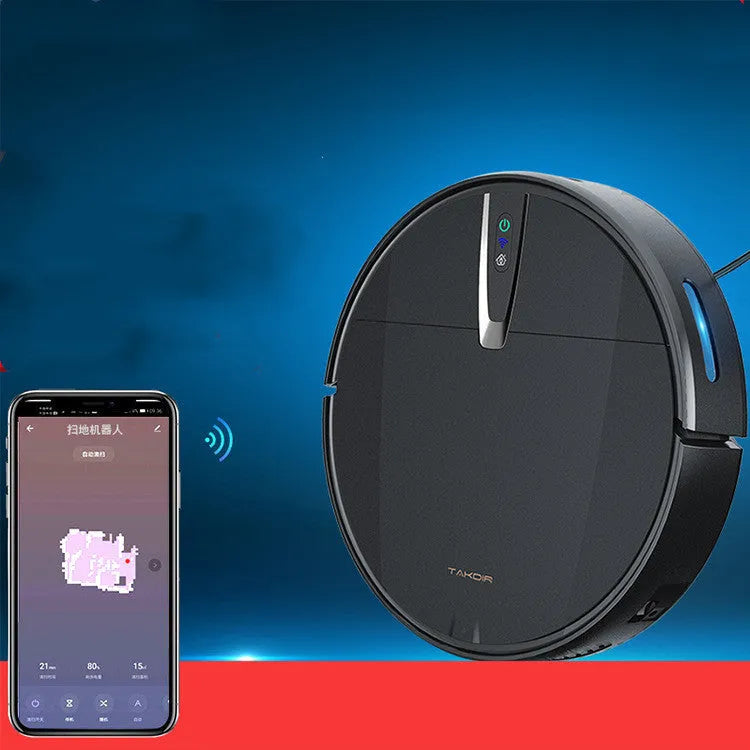 Black and white robotic floor cleaner with charging base and remote control