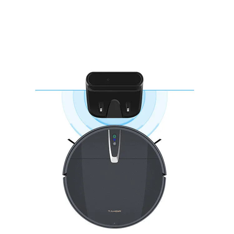 Black and white robotic floor cleaner with charging base and remote control