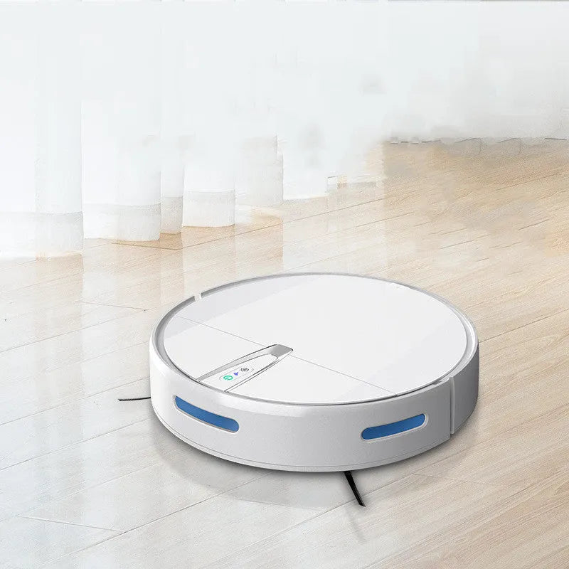 Black and white robotic floor cleaner with charging base and remote control