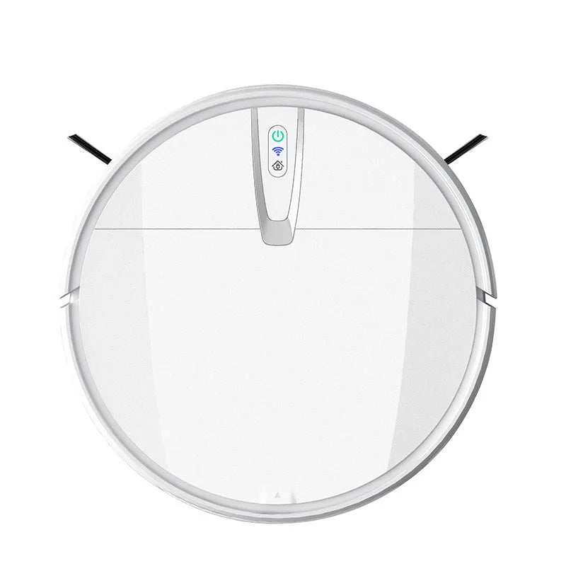 Black and white robotic floor cleaner with charging base and remote control
