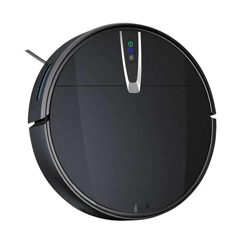 Black and white robotic floor cleaner with charging base and remote control