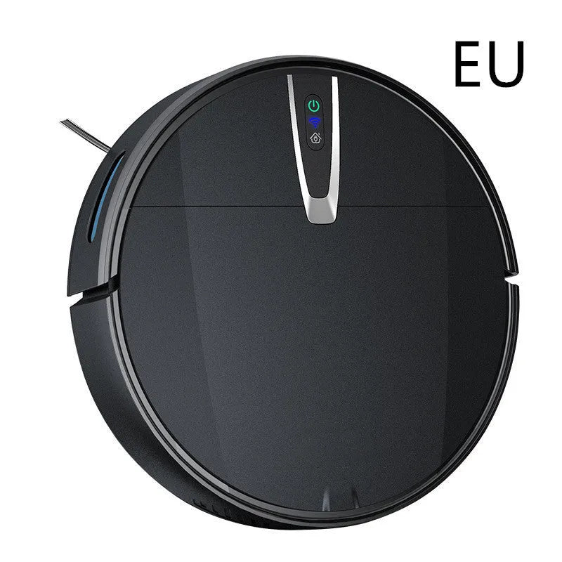 Black and white robotic floor cleaner with charging base and remote control