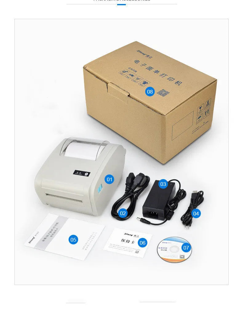 ZJ-9210 direct thermal label printer in black with USB cable, compact desk design