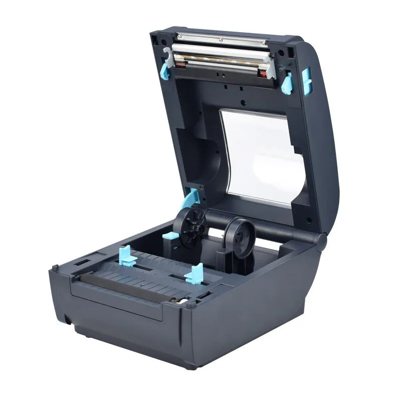ZJ-9210 direct thermal label printer in black with USB cable, compact desk design