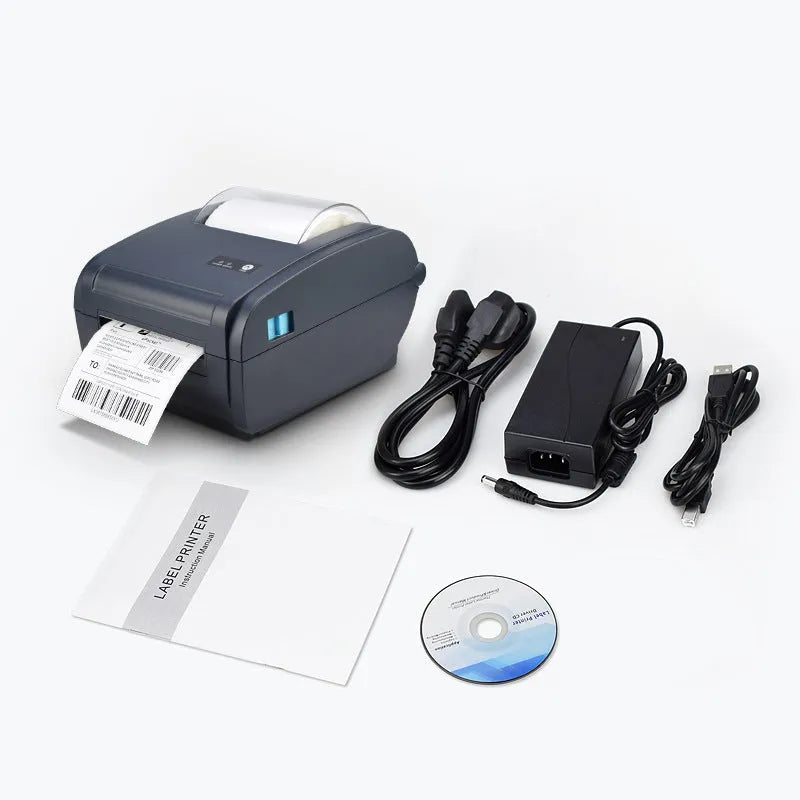ZJ-9210 direct thermal label printer in black with USB cable, compact desk design