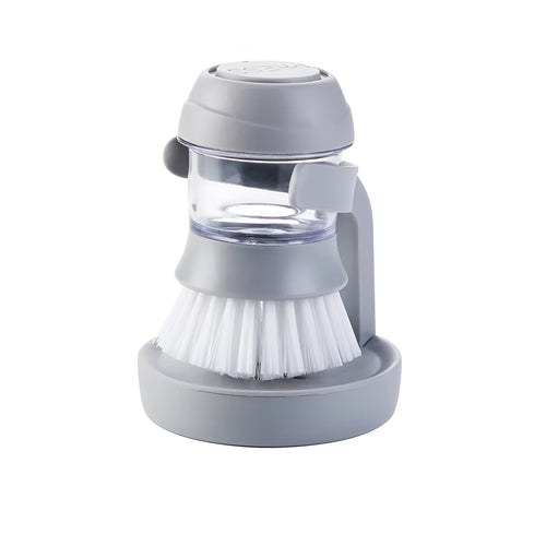 Automatic liquid adding cleaning brush in grey, with scraper edge and compact hand-held design