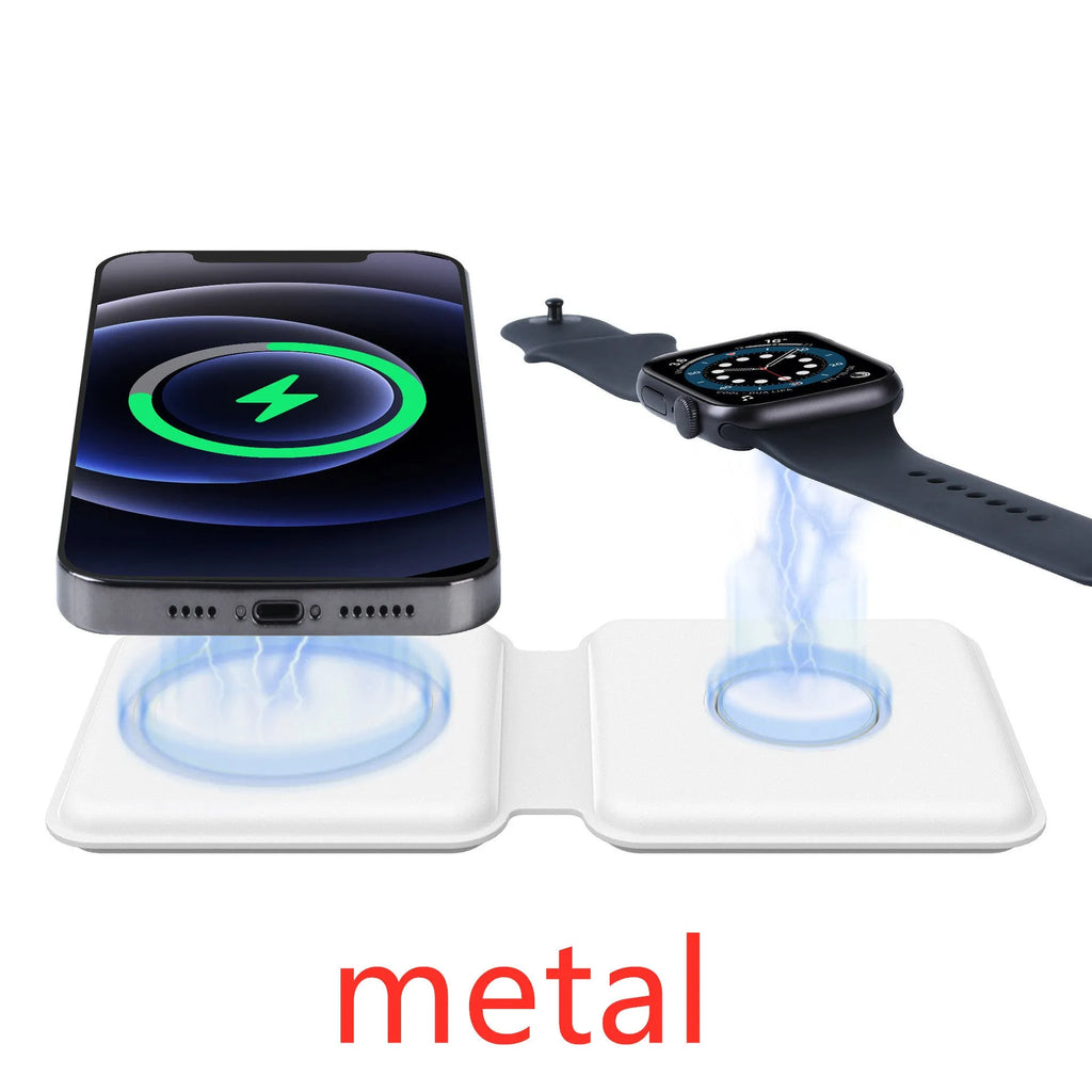 White 2 in 1 magnetic wireless charger with foldable design showing dual charging surfaces