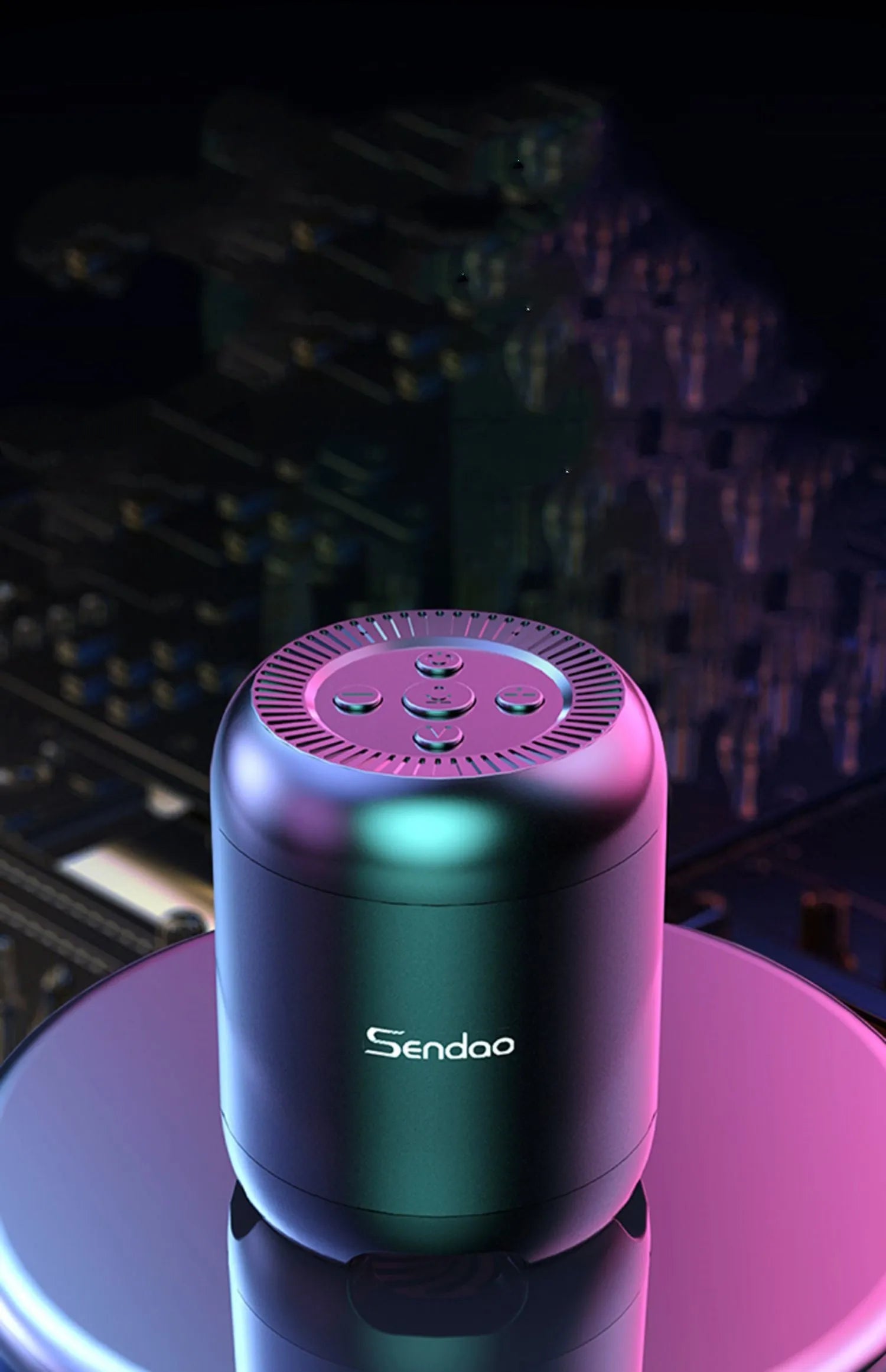 Compact black or white wireless Bluetooth speaker with USB port and card slot.