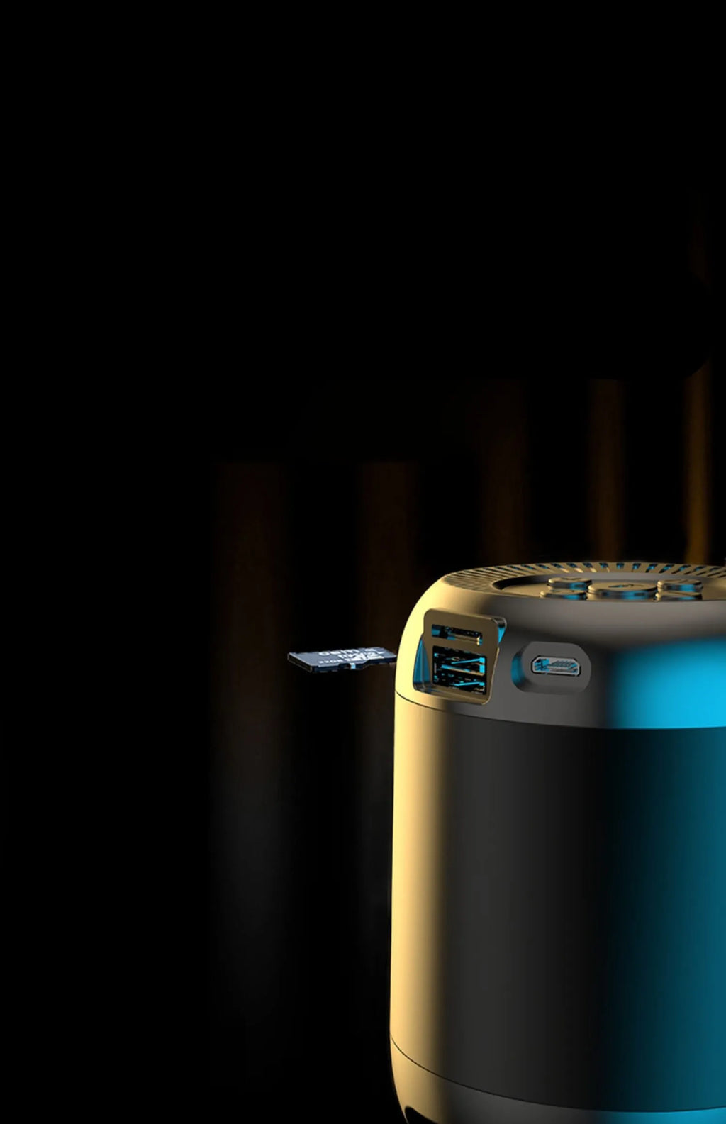 Compact black or white wireless Bluetooth speaker with USB port and card slot.