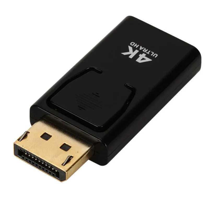 Black DisplayPort to HDMI adapter cable for 4K video connection.