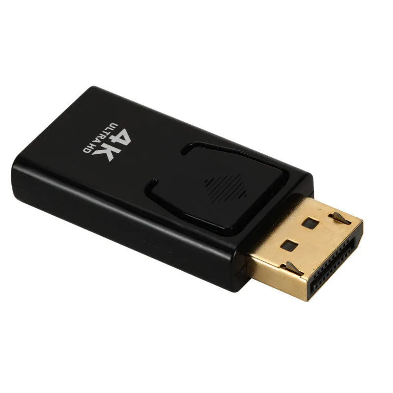 Black DisplayPort to HDMI adapter cable for 4K video connection.