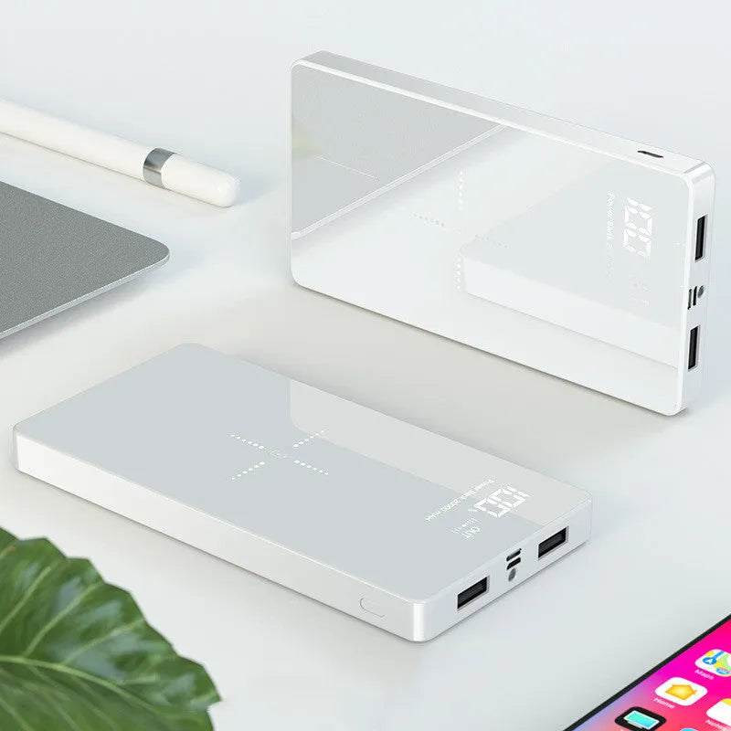 Black wireless charging power bank with digital display showing battery percentage, 20000mAh capacity