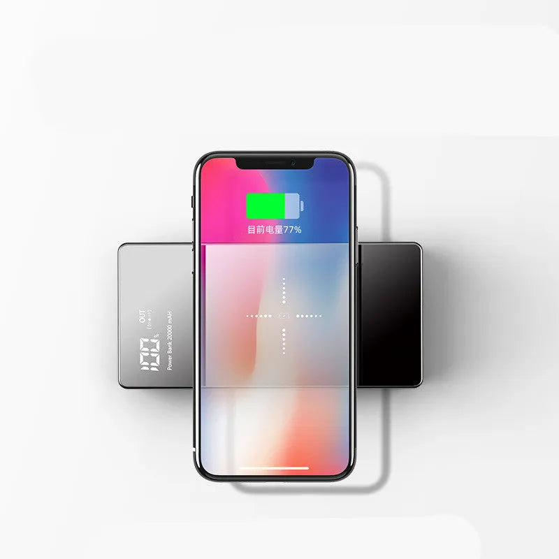 Black wireless charging power bank with digital display showing battery percentage, 20000mAh capacity