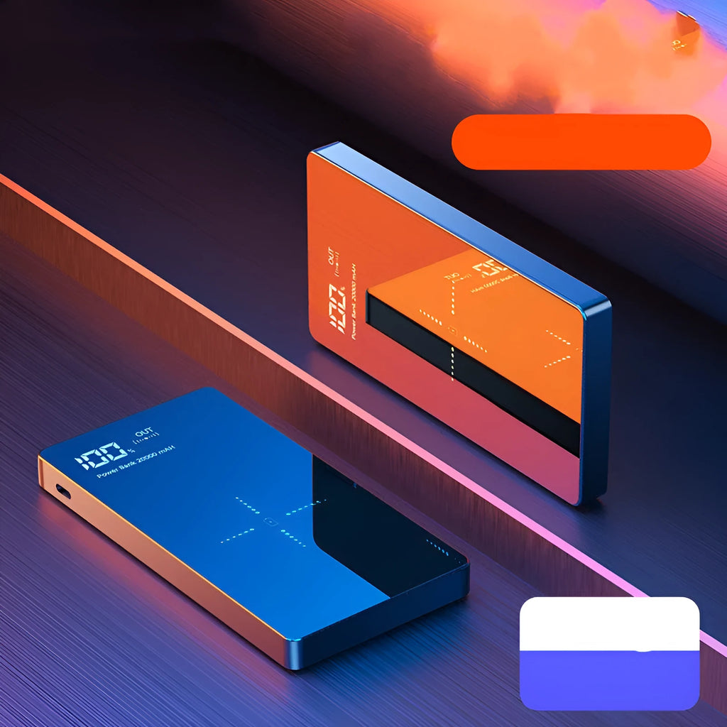 Black wireless charging power bank with digital display showing battery percentage, 20000mAh capacity