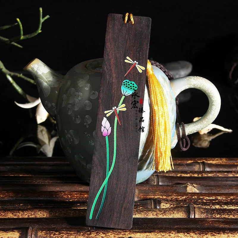 Chinese style sandalwood bookmark with painted lotus and landscape flowers decoration.