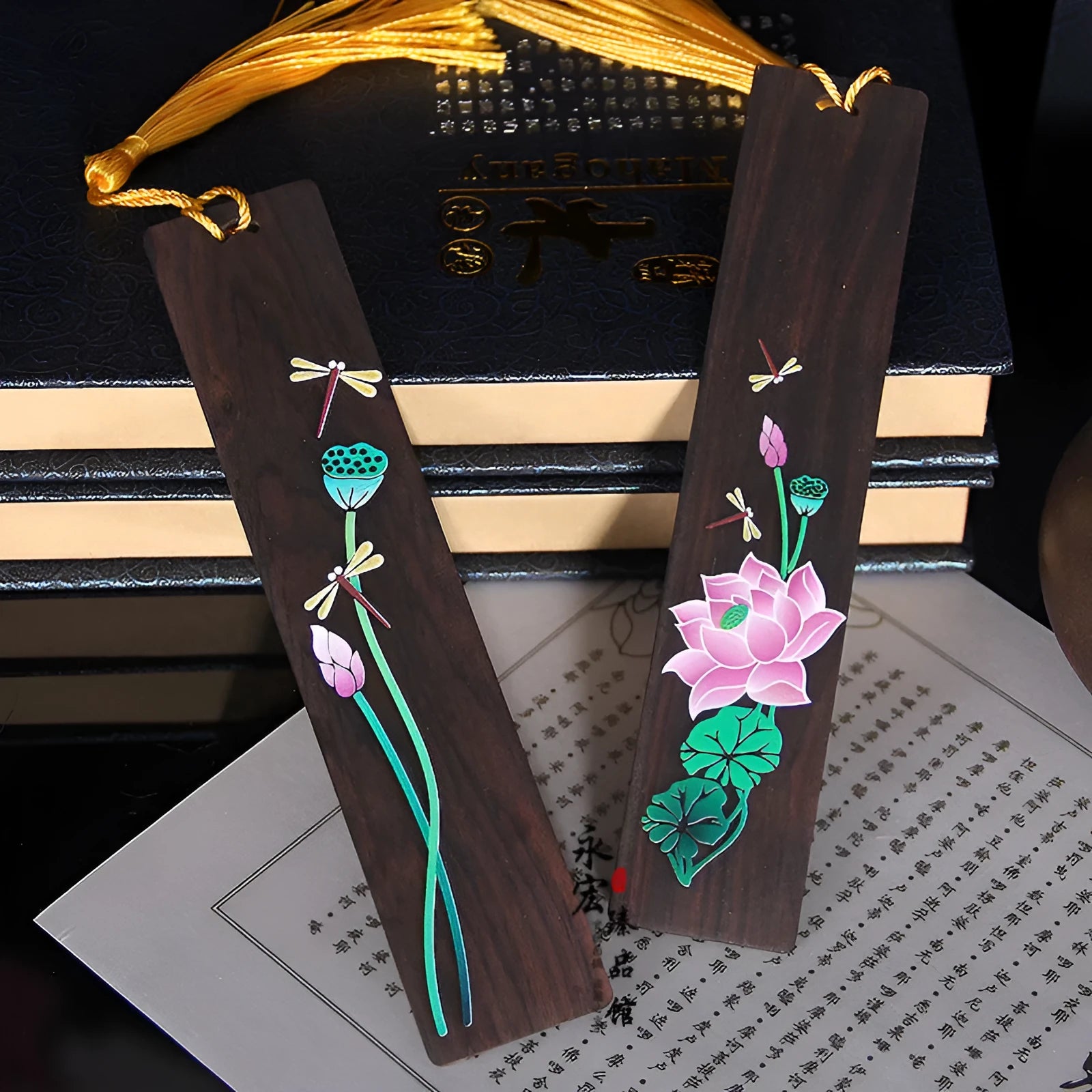 Chinese style sandalwood bookmark with painted lotus and landscape flowers decoration.