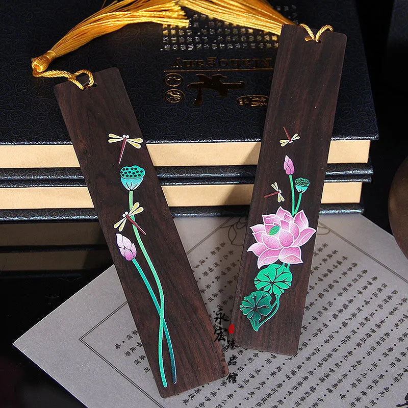 Chinese style sandalwood bookmark with painted lotus and landscape flowers decoration.