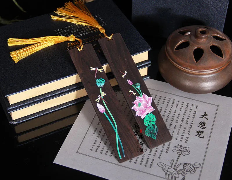 Chinese style sandalwood bookmark with painted lotus and landscape flowers decoration.