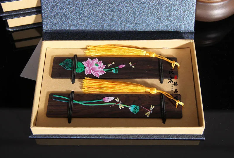 Chinese style sandalwood bookmark with painted lotus and landscape flowers decoration.