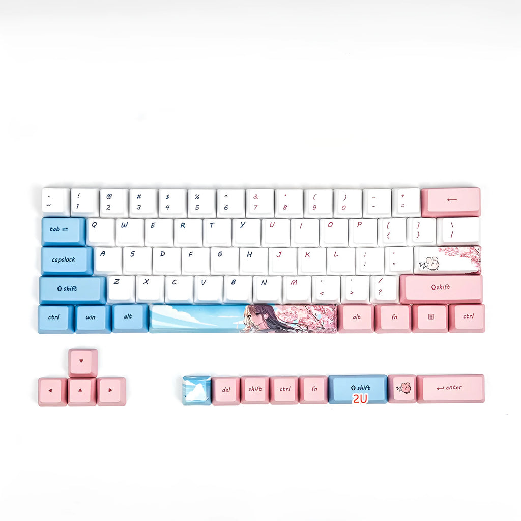 PBT sublimation keycap set with pink cherry blossom cartoon graphics for GK61 mechanical keyboards