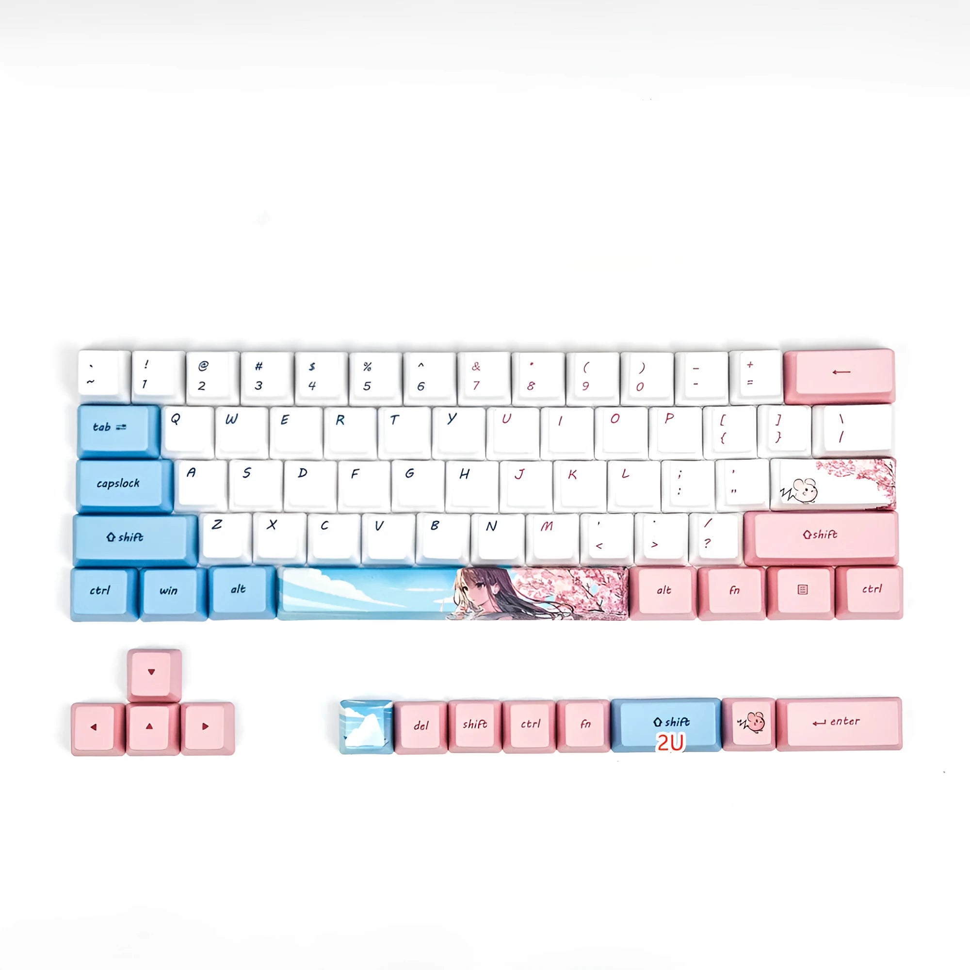 PBT sublimation keycap set with pink cherry blossom cartoon graphics for GK61 mechanical keyboards