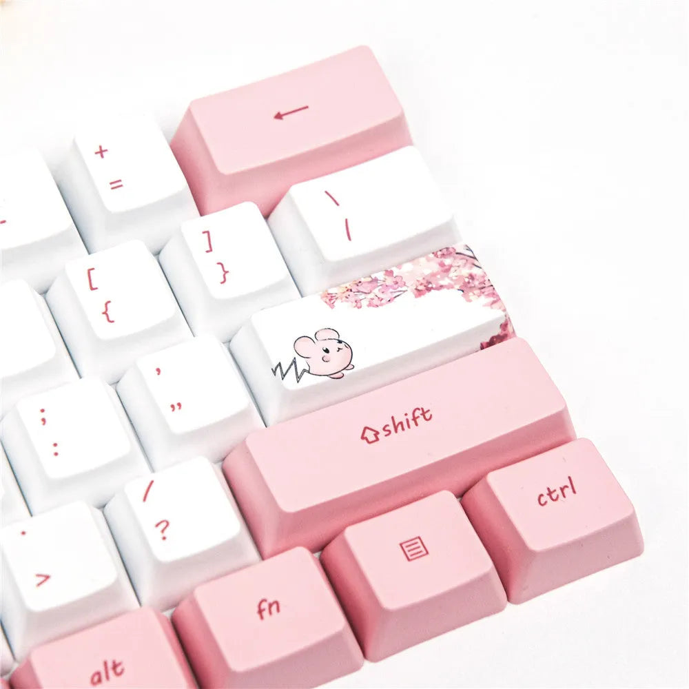 PBT sublimation keycap set with pink cherry blossom cartoon graphics for GK61 mechanical keyboards