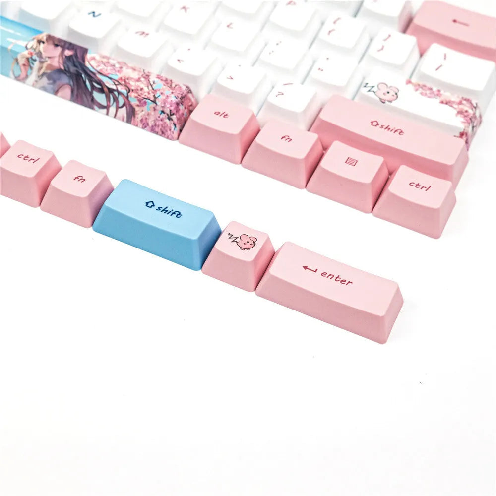 PBT sublimation keycap set with pink cherry blossom cartoon graphics for GK61 mechanical keyboards