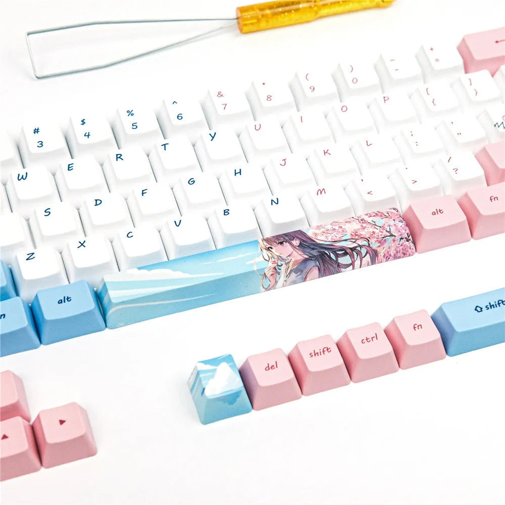PBT sublimation keycap set with pink cherry blossom cartoon graphics for GK61 mechanical keyboards