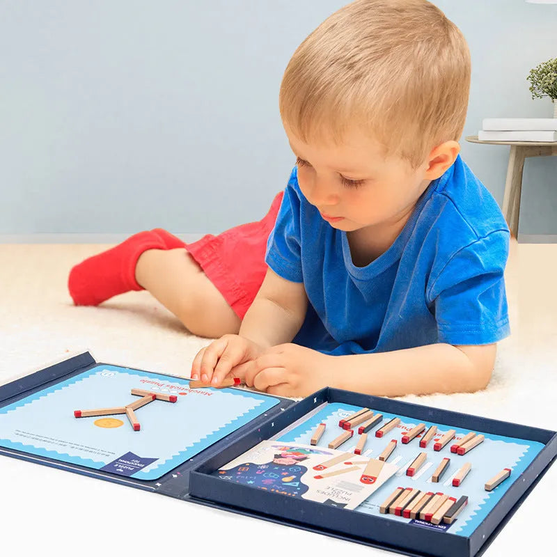 Montessori wooden educational toy with question cards and match-stick spelling area for children's cognitive development