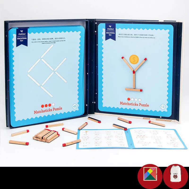 Montessori wooden educational toy with question cards and match-stick spelling area for children's cognitive development