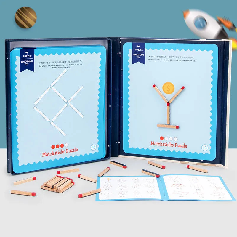 Montessori wooden educational toy with question cards and match-stick spelling area for children's cognitive development