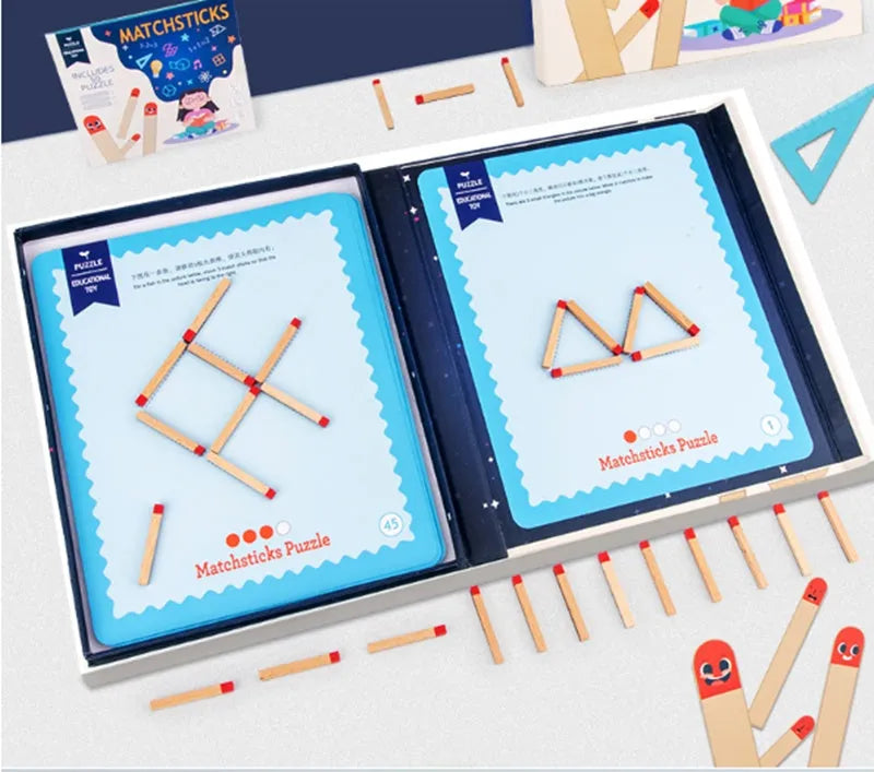 Montessori wooden educational toy with question cards and match-stick spelling area for children's cognitive development